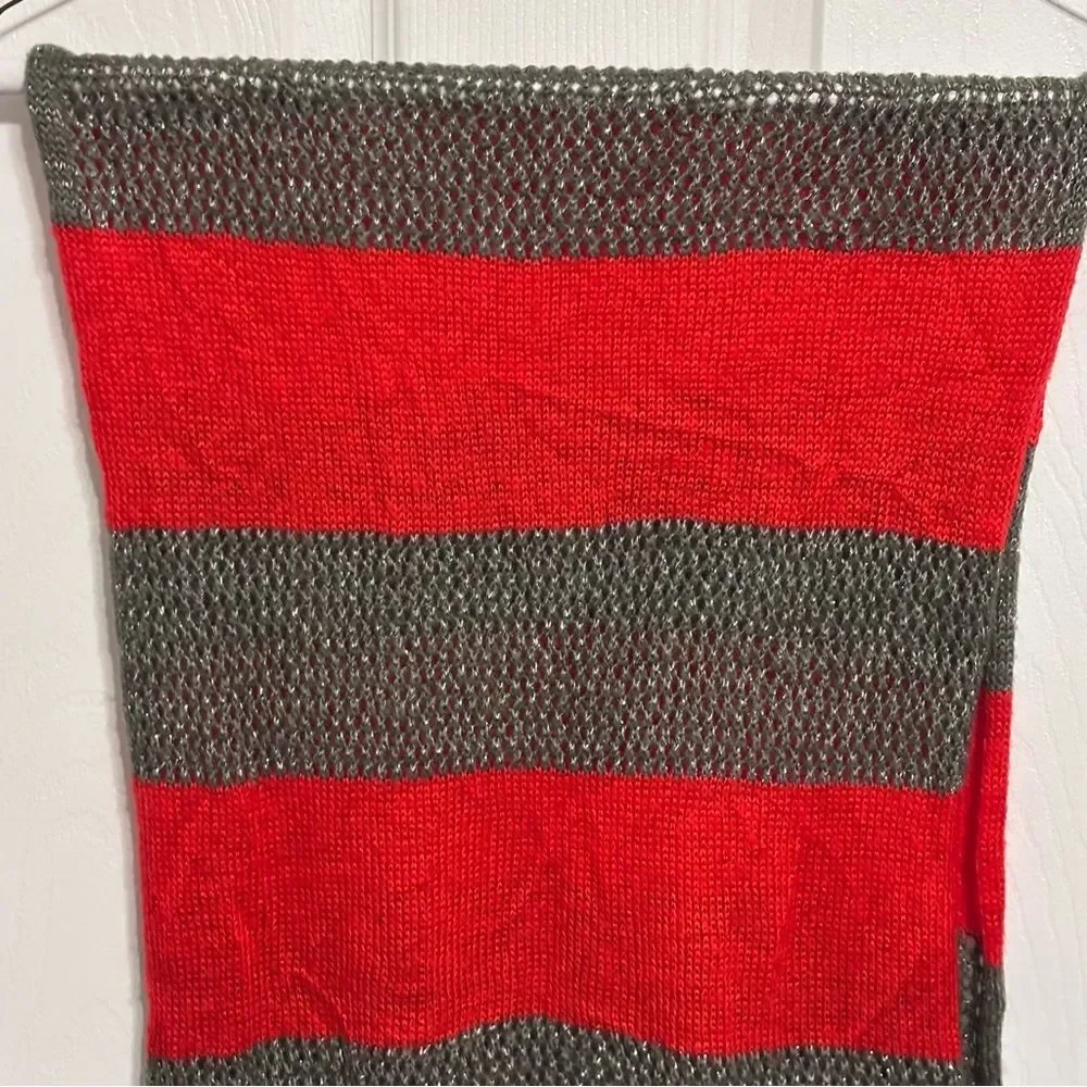 J. Jill Women's Red Gray Silver Sparkles Wide Striped Knit Head Neck Scarf Grey